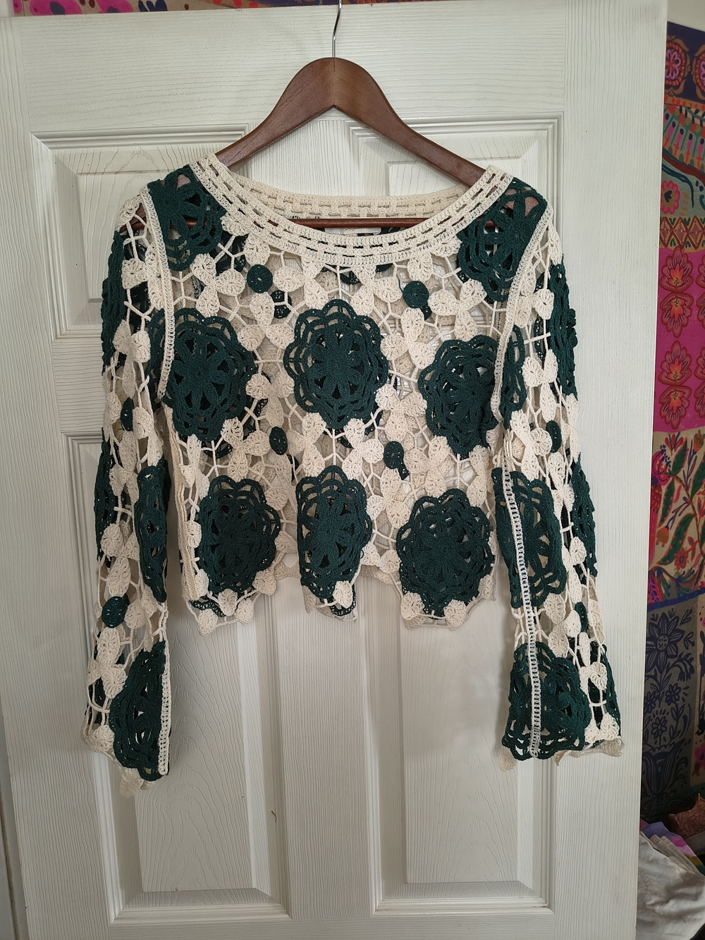 Rebellion Crochet Crop Sweater in Cream and Dark Green